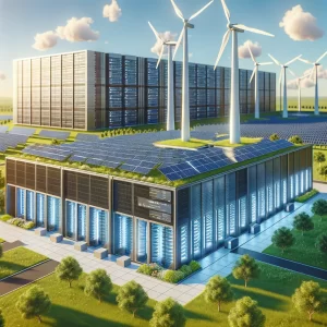 Imagem de um data center de última geração focado em sustentabilidade, com grandes painéis solares e turbinas eólicas em um dia ensolarado, destacando a importância da energia renovável nas operações do data center. A imagem simboliza o compromisso com a redução das emissões de carbono e a melhoria da eficiência energética, integrando os objetivos de ESG nas operações do data center.