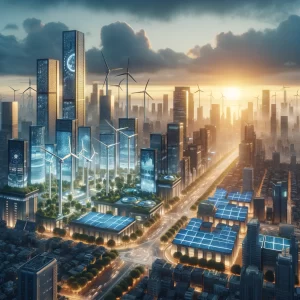 Uma paisagem urbana futurista ao amanhecer, integrando painéis solares e turbinas eólicas aos prédios e infraestrutura, destacando a inovação e sustentabilidade em Engenharia Elétrica.