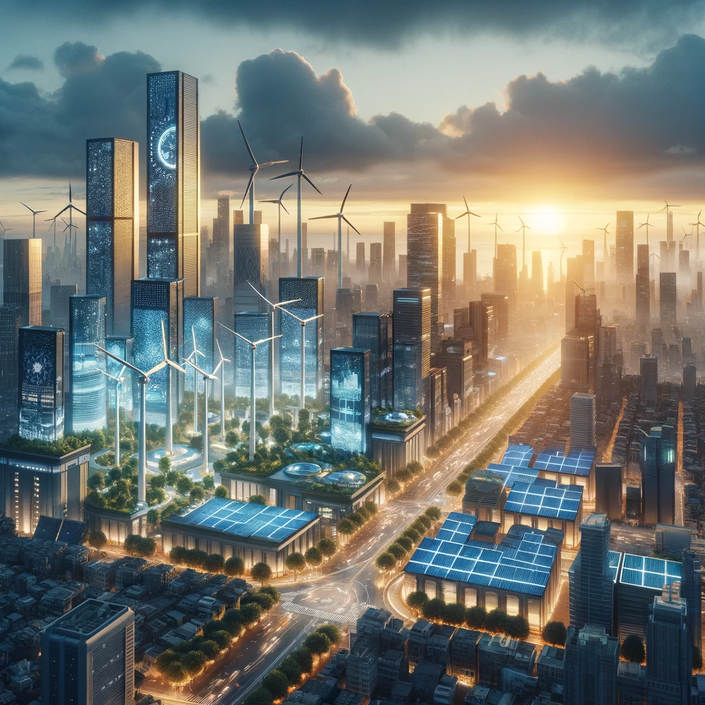 Uma paisagem urbana futurista ao amanhecer, integrando painéis solares e turbinas eólicas aos prédios e infraestrutura, destacando a inovação e sustentabilidade em Engenharia Elétrica.