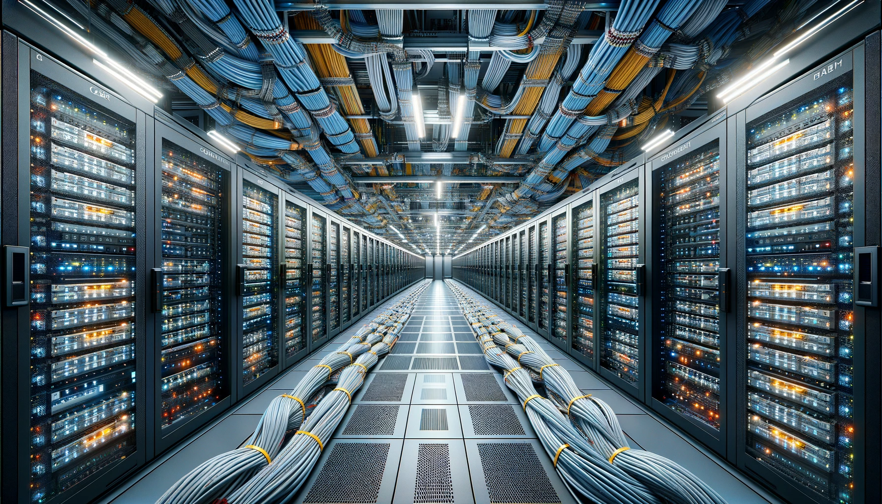 Visão ampla de um data center moderno iluminado por LED, destacando um sistema extenso de cabeamento estruturado organizado. Racks de servidores, sistemas de gerenciamento de cabos e etiquetagem clara demonstram a espinha dorsal eficiente do cabeamento estruturado para data centers.