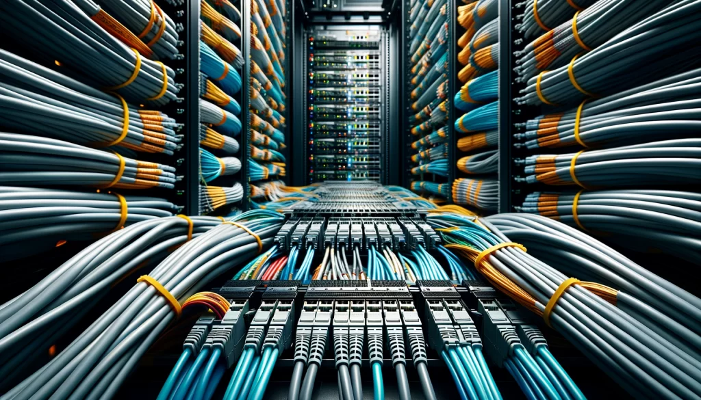 Detalhe do sistema de cabeamento estruturado em um data center, com foco na organização meticulosa dos cabos. Cabos de fibra óptica e Ethernet são organizados em bandejas, destacando a implementação exemplar de cabeamento estruturado para data centers.