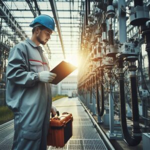 Técnicos realizando manutenção programada em uma subestação de energia, enfatizando a importância de inspeções regulares e a prevenção de falhas.