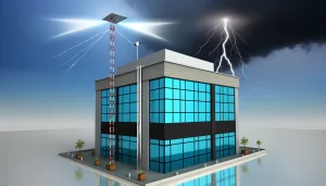 Edifício moderno sob tempestade, com para-raios tipo Franklin capturando um raio, ilustrando <a href='https://chaveiroveloster.com.br/chaveiro-automotivo' target='_blank'>segurança</a> e tecnologia.